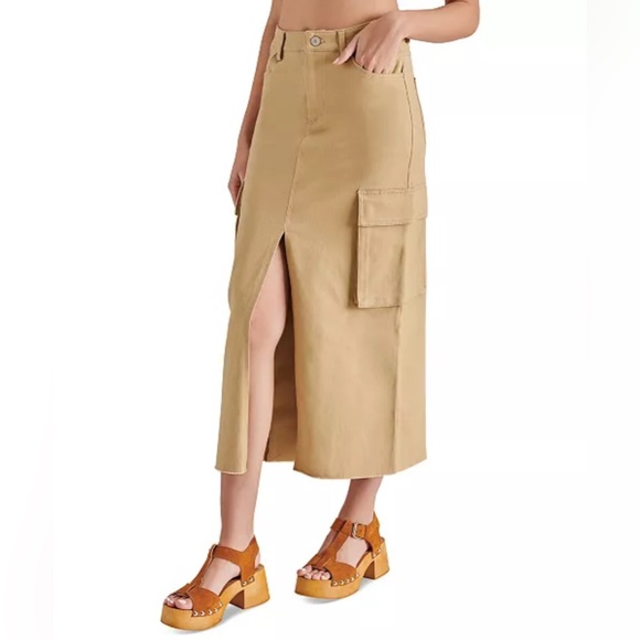 NWOT Steve Madden Tan Women's Maxi Cargo Skirt Khaki Front Slit Pockets M - Picture 1 of 5